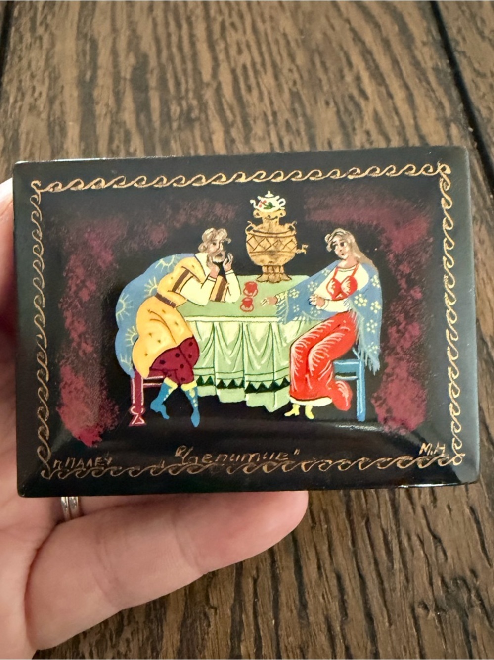 Vintage Russian Black Lacquer‎ Box Tea Drinking Hand Painted Signed Art Palekh
